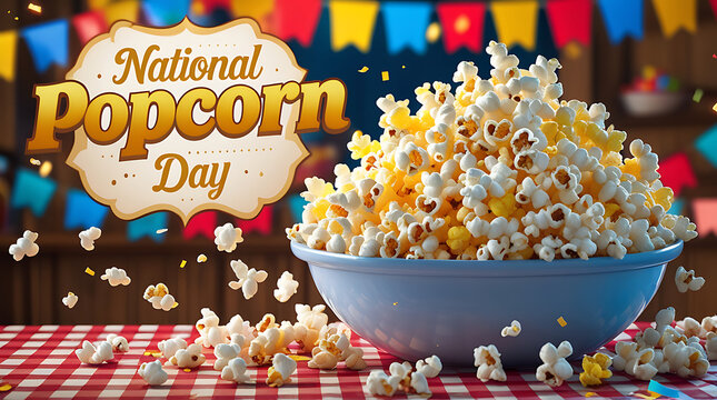 National popcorn day celebration with a bowl of popcorn and festive decorations, 8k image