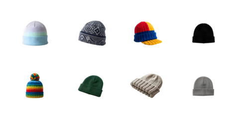 Collection of  eight hats for winter  time isolated on transparent background
