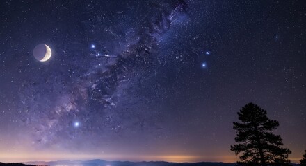 A breathtaking night sky reveals the Milky Way stretching across the horizon beside a glowing crescent moon above a peaceful landscape.