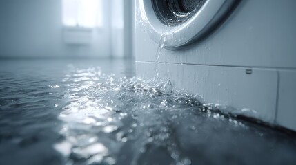 Closeup of a leaking washing machine with water flooding the floor, indicating a plumbing problem or appliance malfunction