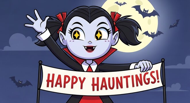 Cartoon vampire girl with banner celebrating halloween against moon