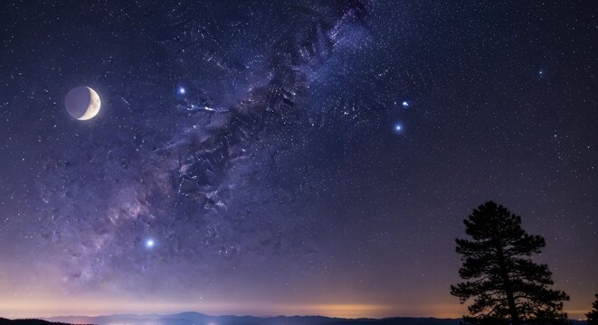 A breathtaking night sky reveals the Milky Way stretching across the horizon beside a glowing crescent moon above a peaceful landscape. - Powered by Adobe