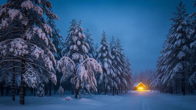 Illuminated wooden cabin glowing warm light deep winter forest snow covered pine trees dusk blue hour peaceful solitude remote wilderness scenic cozy refuge twilight atmosphere

