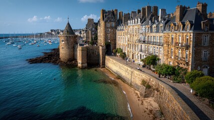 Terraced big houses and city wall along St Malo port at the coast of Normandy in France.