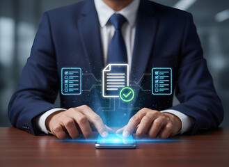 Professional manager using digital document management on smartphone for efficient workflow