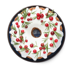 Tasty Christmas cake with icing, cranberries and rosemary isolated on white, top view