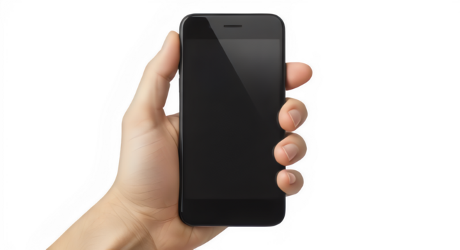 Human hand holding smartphone with blank black screen, isolated PNG, technology device mockup, marketing concept, transparent background.
