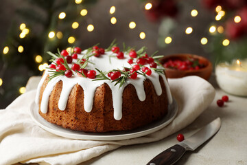 Tasty Christmas cake with icing, cranberries and rosemary on light table against blurred lights, closeup
