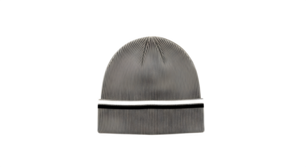 Gray beanie hat with white and black stripes isolated on transparent background