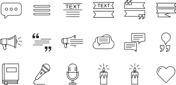 Set of linear icons related to communication and expression featuring speech bubbles text formatting and audio devices ideal for interface design and illustrative content creation