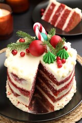 Tasty cake with Christmas decor on black table, closeup