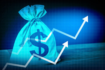 Illustration of money bag with dollar symbol overlaid with glowing upward trending arrows on grid line chart representing financial growth investment profit business success and economic strategy