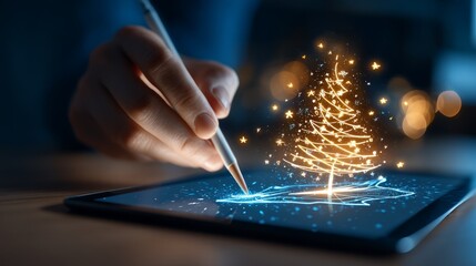 Person&rsquo;s hand, Christmas, Business, Marketing and Sales, Festive Hand Sketching of Christmas Social Media Ad on Tablet with Copy Space for Text