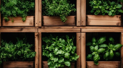 Vertical garden with fresh green herbs and leafy vegetables growing in wooden crates stacked outdoors.