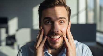 A bright, amazed expression with hands on the face, showing a warm and delightful moment of surprise.