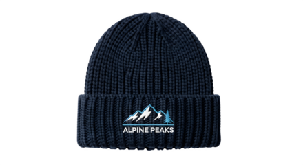 Navy blue beanie hat with alpine peaks logo isolated on transparent background