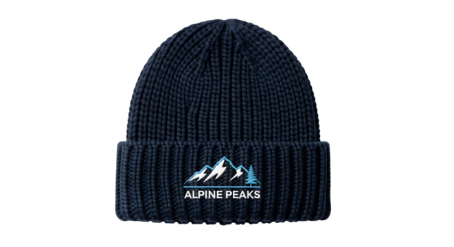 Navy blue beanie hat with alpine peaks logo isolated on transparent background