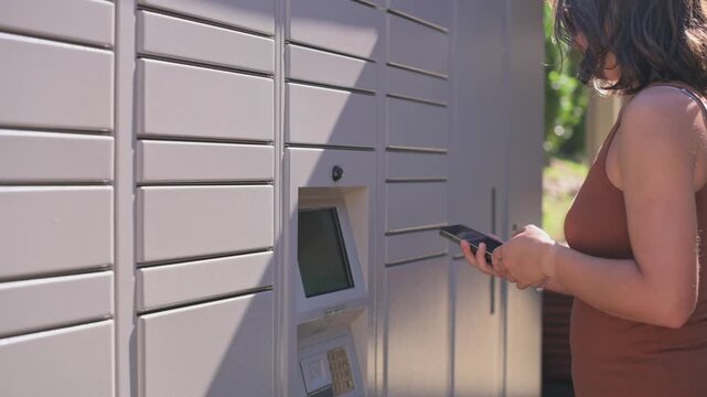 urban locker interaction, casual commuter engages with keypad at midday security station, focused individual enters access code on sleek stainless steel urban pickup site during midday