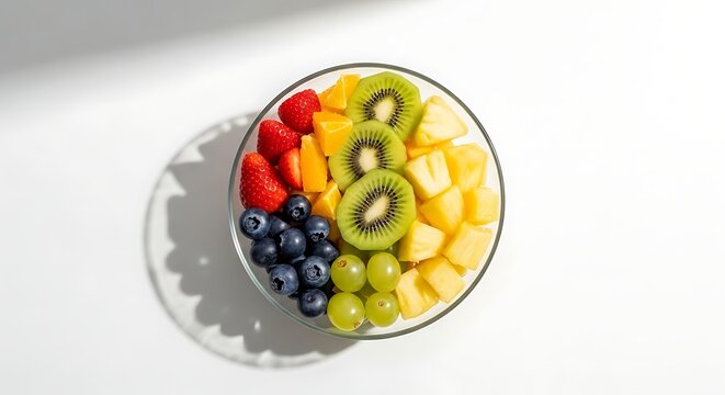 Vibrant rainbow fruit platter with kiwi and grapes on white background