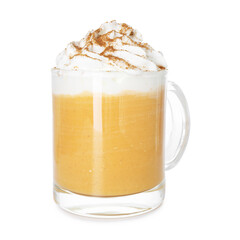 Tasty pumpkin latte with whipped cream in glass cup isolated on white