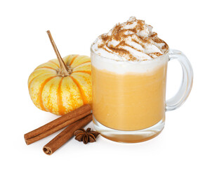 Tasty pumpkin latte with whipped cream in glass cup and spices isolated on white
