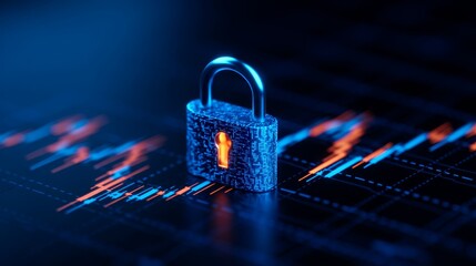 Stock Exchange, Electronics and Telecommunications, Secure Tech Trading: Digital Padlock with Stock Exchange Graph Overlay, Technology Security Concept with Copy Space for Text