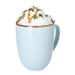 Tasty pumpkin latte with whipped cream and seeds in cup isolated on white
