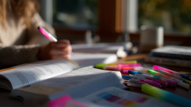 Study session with colorful highlighters and notes at a cozy table in the afternoon light