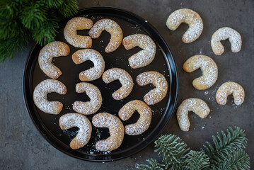 Christmas cookies baking on wooden background