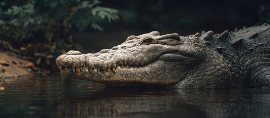 Obraz premium Large Grey Crocodile Resting in Murky Water with Dark Green Foliage