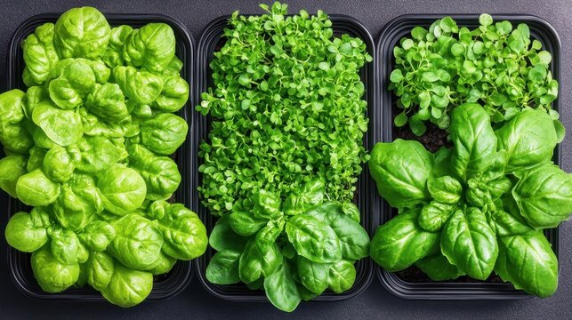 Fresh basil plants and microgreens growing in dark containers on a dark surface, close up aerial view.