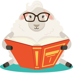 Intelligent Sheep Wearing Glasses Reads an Open Red Book Against a Transparent Background and Teal Mat