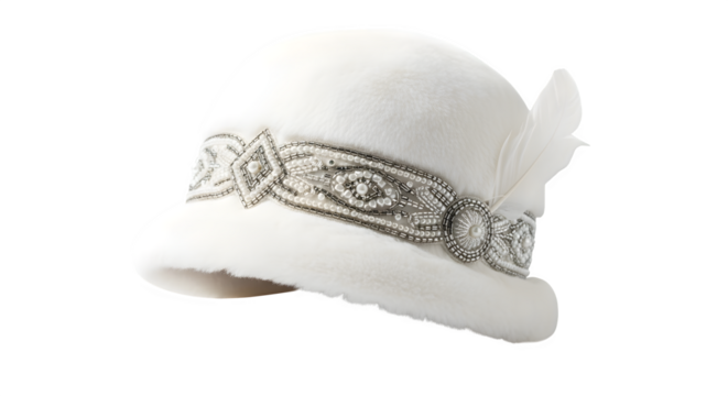 Vintage white cloche hat with feather isolated on transparent background - Powered by Adobe