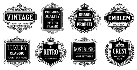 Elegant vector set of vintage labels and badges in black-and-white style, featuring ornate frames, royal crests, decorative flourishes, and retro typography for luxury branding and classic design 