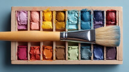 Pastel paintbrush above colorful square palette with watercolor paints on simple blue background, high quality studio shot