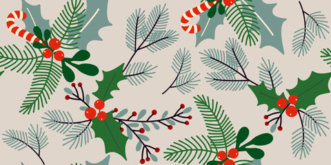 Festive Holly, Pine, and Candy Cane Holiday Arrangement