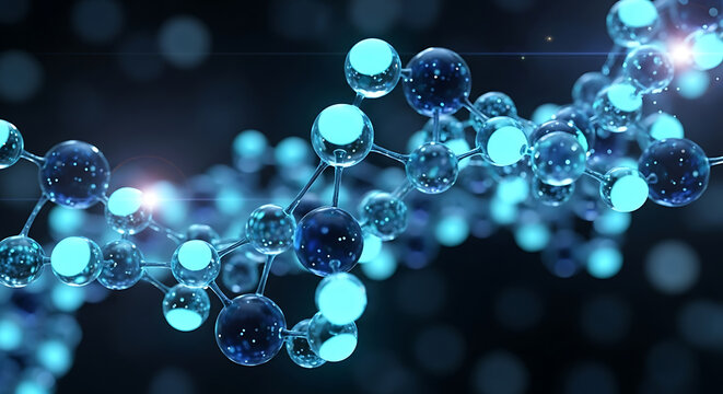 Close-up of a molecular structure showing atoms connected by bonds against a dark background, representing science, technology, and medicine - Powered by Adobe