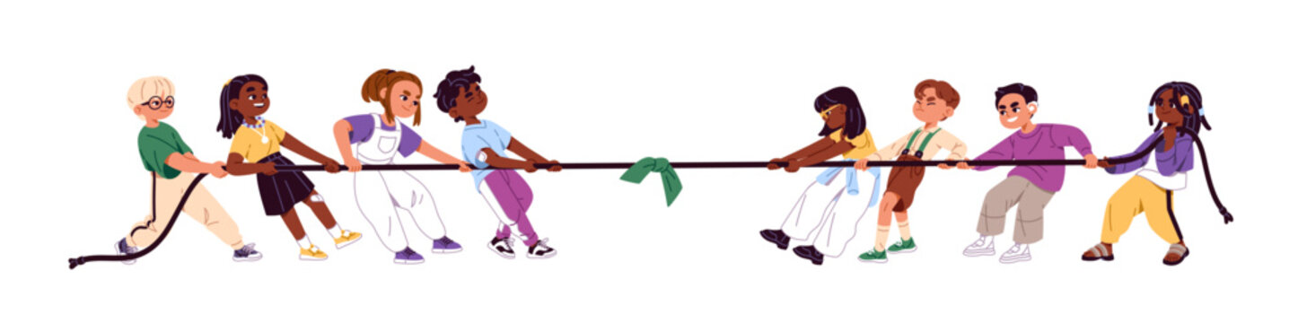 Rival groups of kids play tug of war. Children teams pull rope against each other. Diverse girls and boys have fun in sports contest. Teamwork competition. Flat isolated vector illustration on white