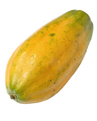 A single, ripe papaya fruit with a yellow and green skin, isolated on a white background, showcasing its smooth texture and oblong shape.