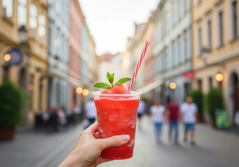 Hand holding a refreshing strawberry smoothie watermelon garnish on a blurred city street background