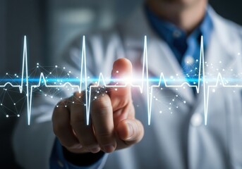 Doctors hand touching a futuristic glowing heart rate monitor interface digital data visualization