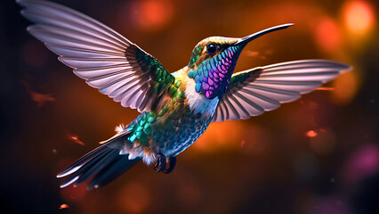 Obraz premium Iridescent, colorful hummingbird hovering in flight with outstretched wings against a vibrant orange and red background
