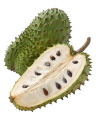 A soursop fruit, cut in half, reveals its white pulp and black seeds, with another whole soursop behind it.