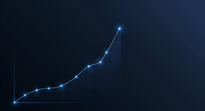 Conceptual visualization of upward trending financial growth represented by a luminous line graph against a dark, abstract backdrop, symbolizing progress and success in business and investment