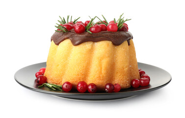 Delicious Christmas cake with chocolate glaze, cranberries and rosemary isolated on white
