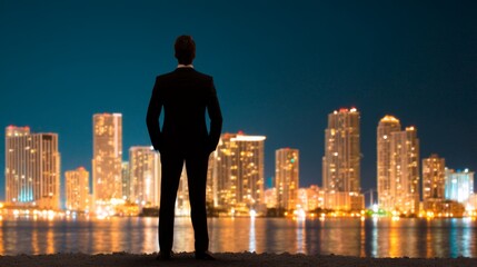 A Businessman Contemplating the Night Skyline: Reflective Moments in a Bustling Urban Environment Captured from a Serene Waterfront Perspective