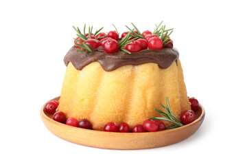 Delicious Christmas cake with chocolate glaze, cranberries and rosemary isolated on white