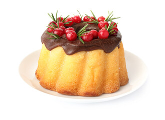 Delicious Christmas cake with chocolate glaze, cranberries and rosemary isolated on white