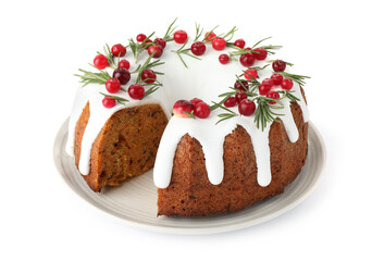 Delicious cut Christmas cake with icing, cranberries and rosemary isolated on white