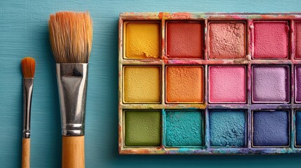 Pastel paintbrush above colorful square palette with watercolor paints on simple blue background, high quality studio shot